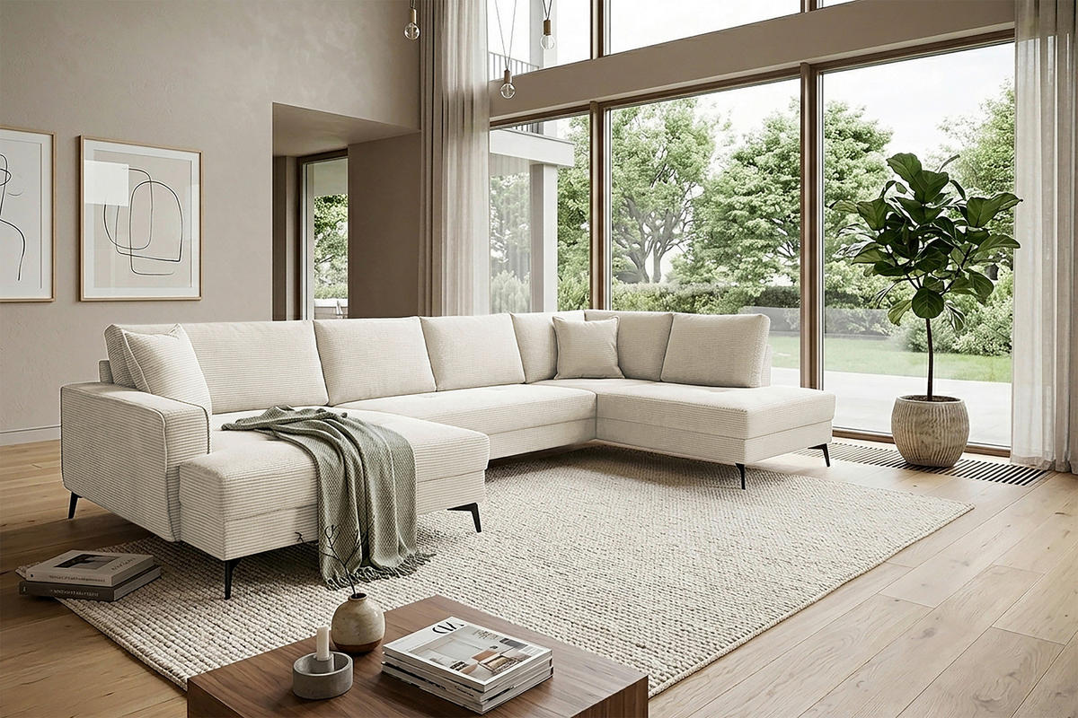 WOHNLANDSCHAFT ZERO Creme Cord  - Creme/Schwarz, Trend, Textil/Metall (173/362/195cm) - Livetastic