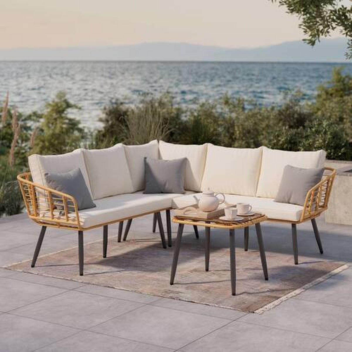 LOUNGEGARNITUR 4-teilig   187/67/187 cm Eisen  - Beige/Naturfarben, MODERN, Glas/Kunststoff (187/67/187cm) - Ambia Garden