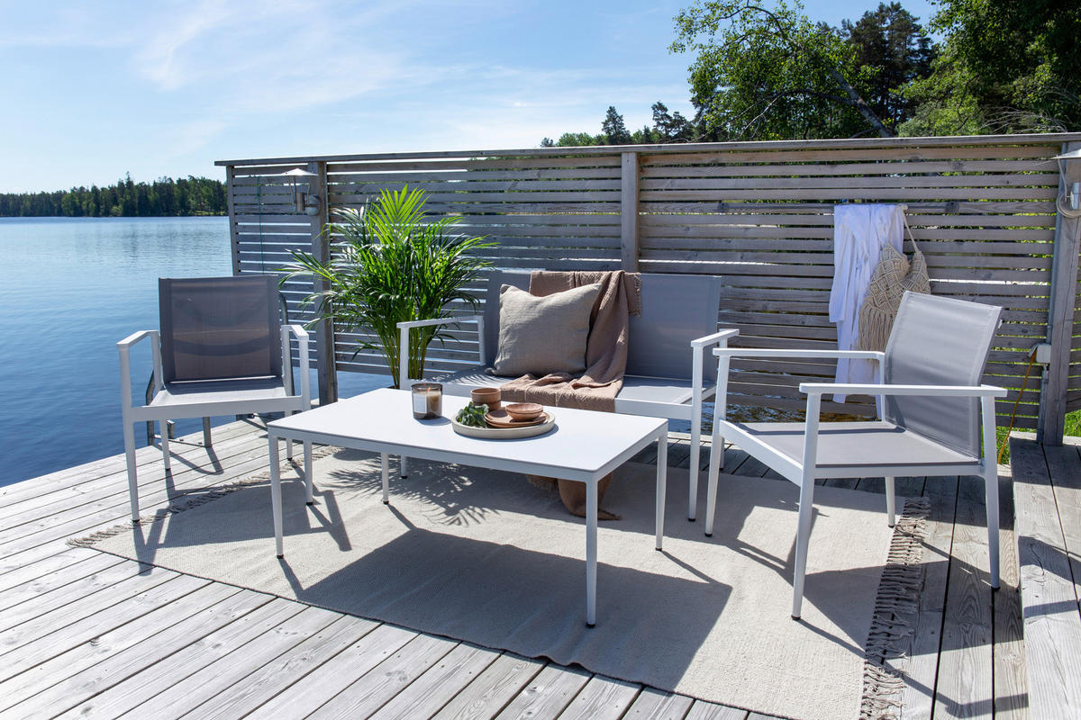 LOUNGEGARNITUR 4-teilig   Aluminium  - Weiß/Grau, KONVENTIONELL, Glas/Textil - Gardenson