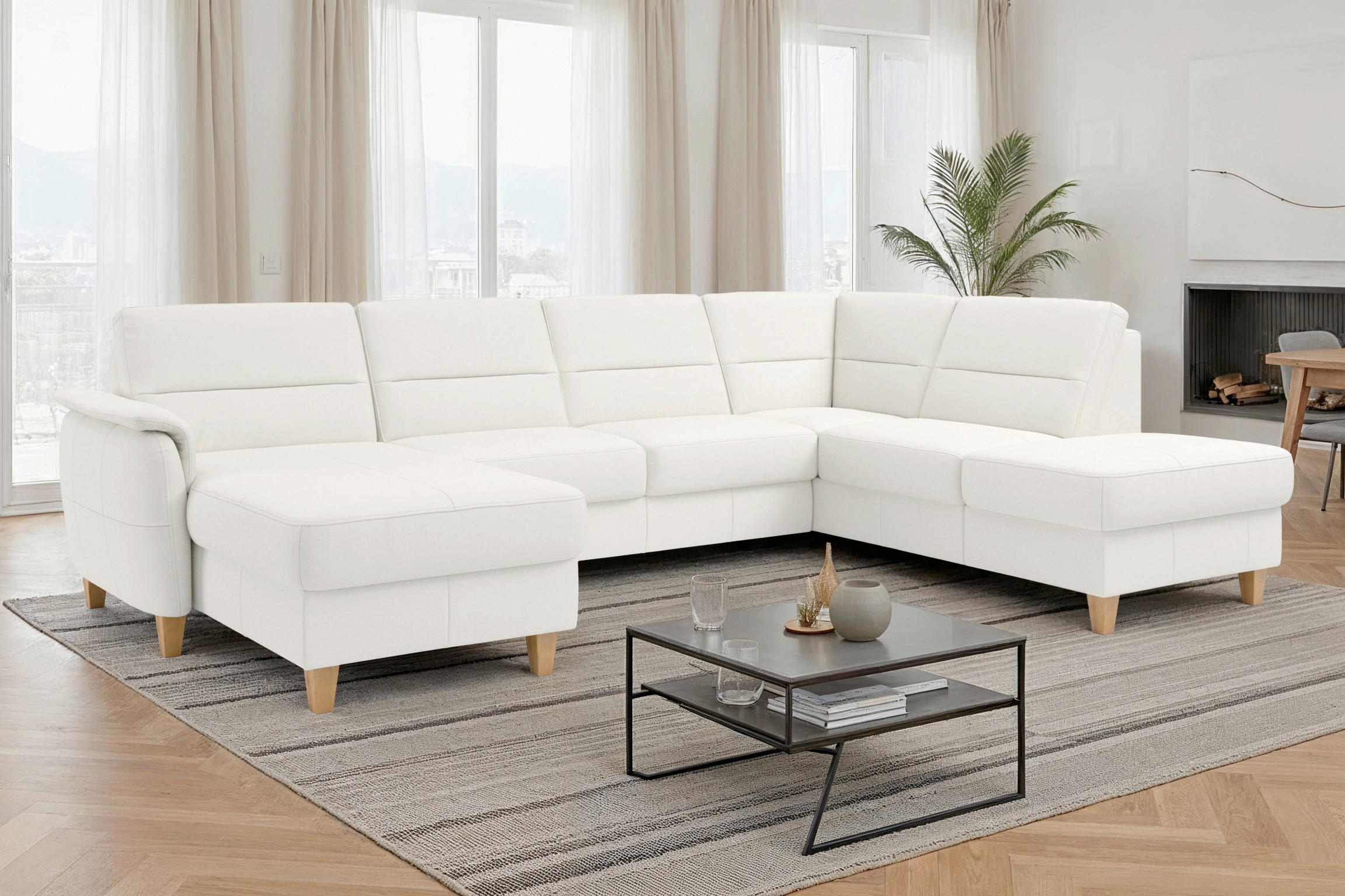 WOHNLANDSCHAFT PALMERA E in Echtleder Weiß  - Eichefarben/Weiß, Basics, Leder/Holz (163/308/212cm) - Sit & More