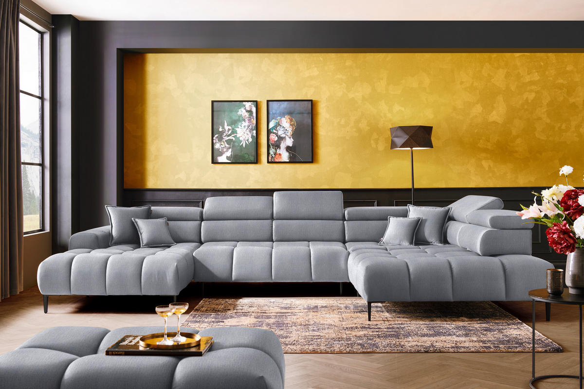 WOHNLANDSCHAFT in Samt, Webstoff Hellgrau  - Hellgrau/Schwarz, Design, Textil/Metall (177/385/216cm) - Welnova