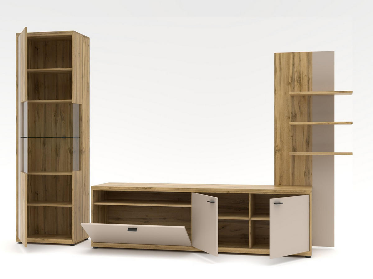 WOHNWAND  in Eichefarben, Kaschmir 310/205/49 cm  - Kaschmir/Eichefarben, Design, Glas/Holzwerkstoff (310/205/49cm) - Livetastic