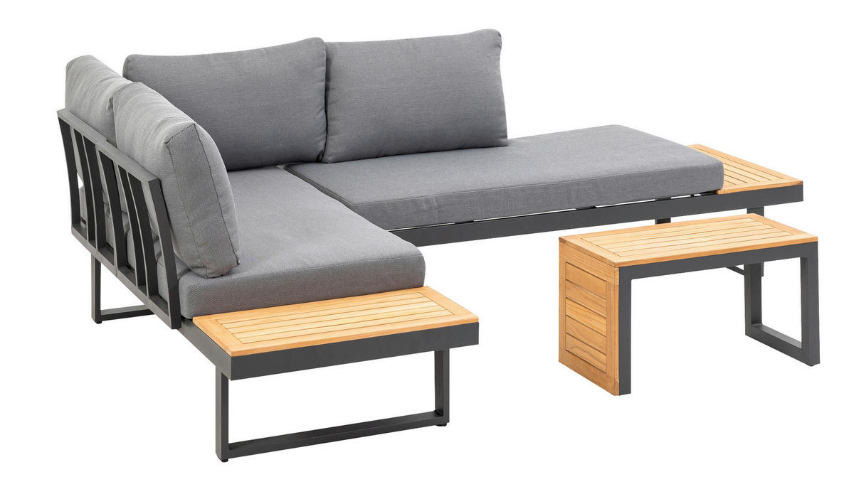 LOUNGEGARNITUR   253/70/175 cm Teakholz Aluminium  - Anthrazit/Grau, Basics, Holz/Textil (253/70/175cm) - Gardenson