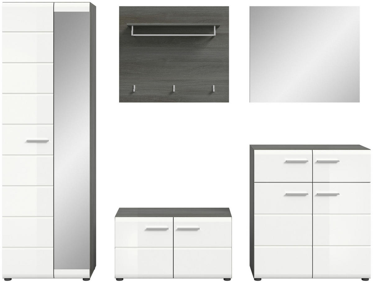 GARDEROBE 5-teilig  in 250/192/37 cm  - Weiß Hochglanz, Design, Glas/Holzwerkstoff (250/192/37cm) - MID.YOU