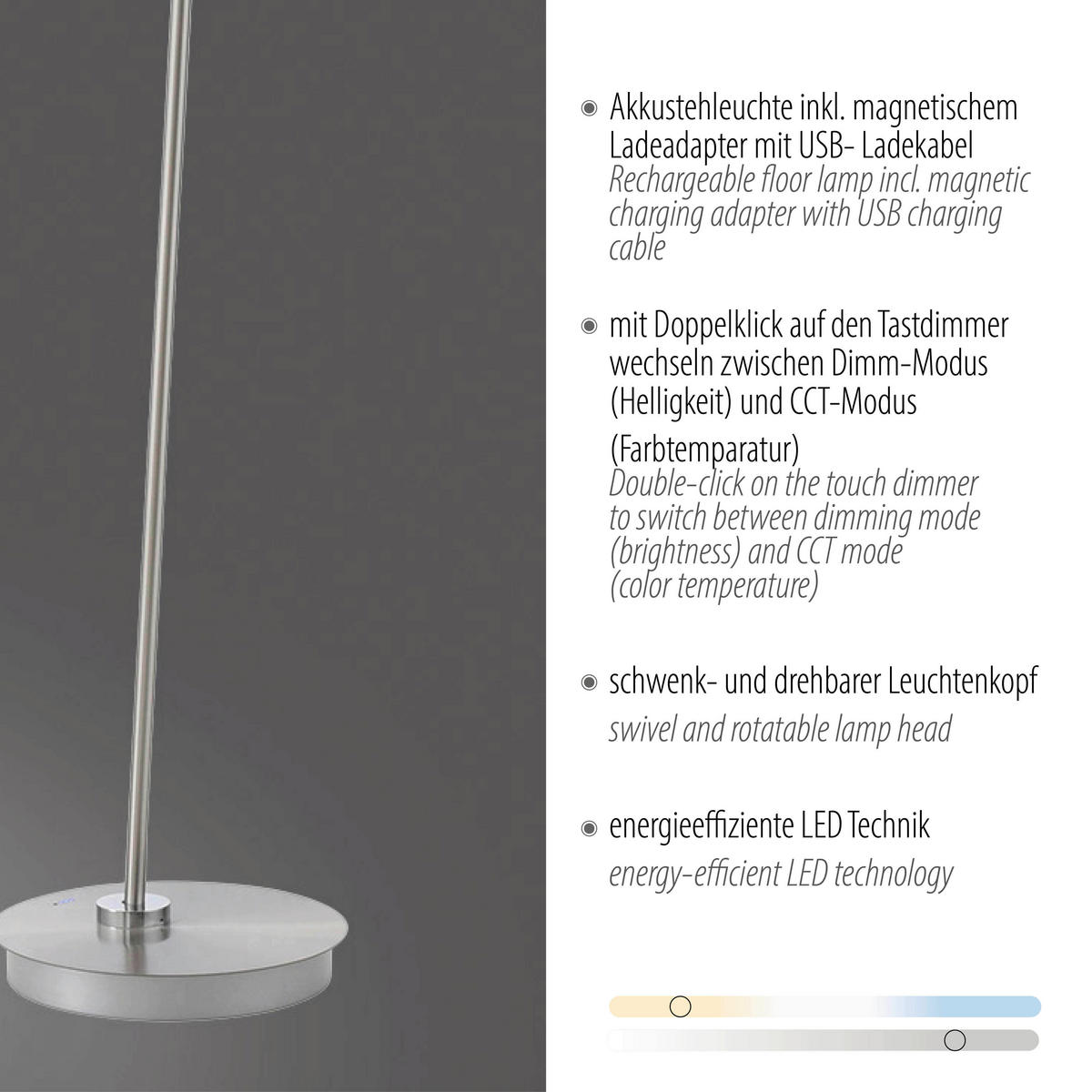 AKKU-STEHLEUCHTE Bente 42/42/160 cm  - Edelstahlfarben, Design, Kunststoff/Metall (42/42/160cm)