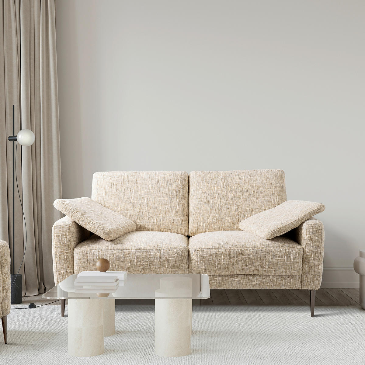 2-SITZER-SOFA Webstoff Beige  - Beige/Schwarzchrom, Design, Textil/Metall (157/85/92cm) - Livetastic