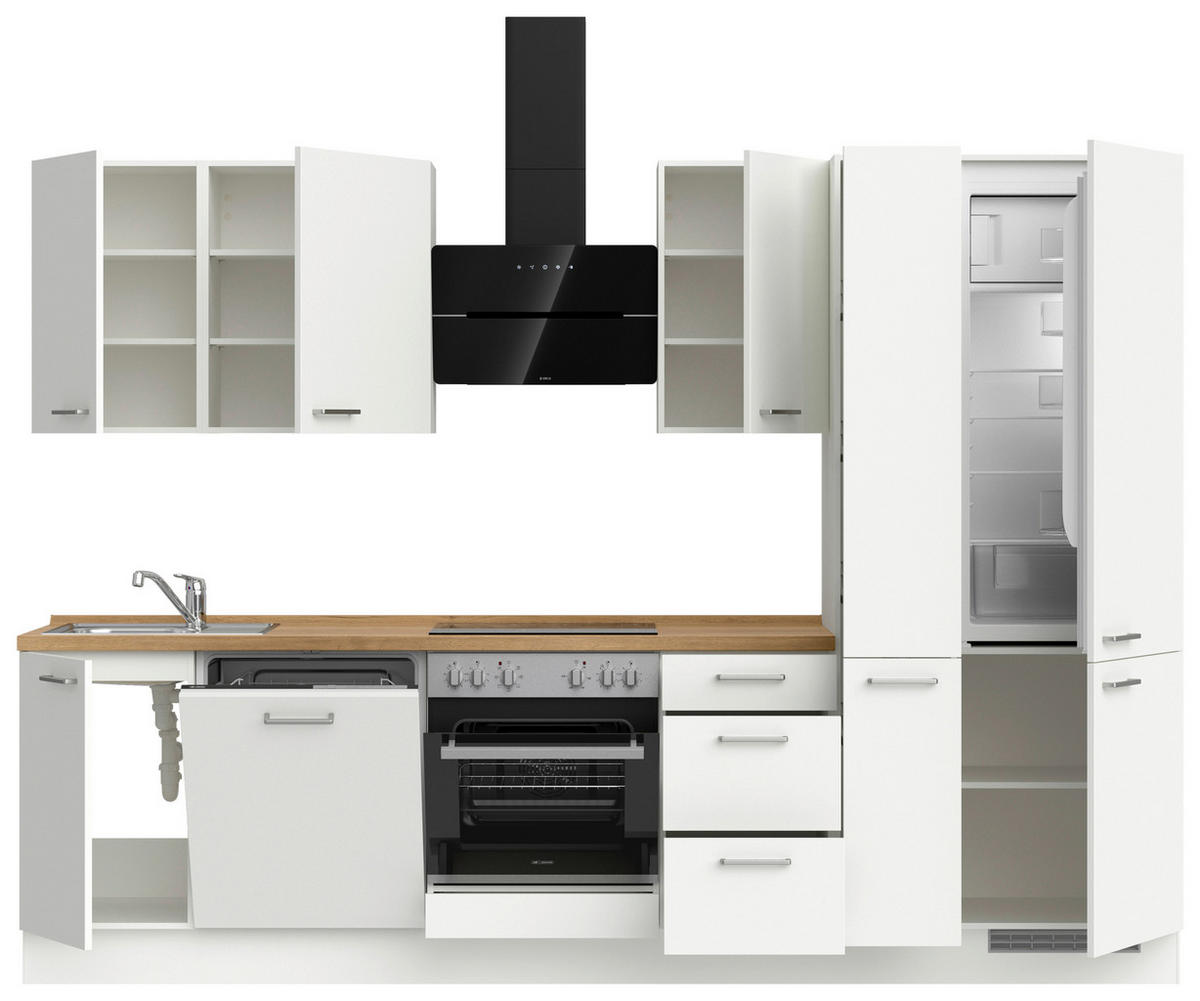 KÜCHENBLOCK 300 cm   in Weiß, Eichefarben  - Edelstahlfarben/Eichefarben, MODERN, Holzwerkstoff/Metall (300cm) - Nobilia