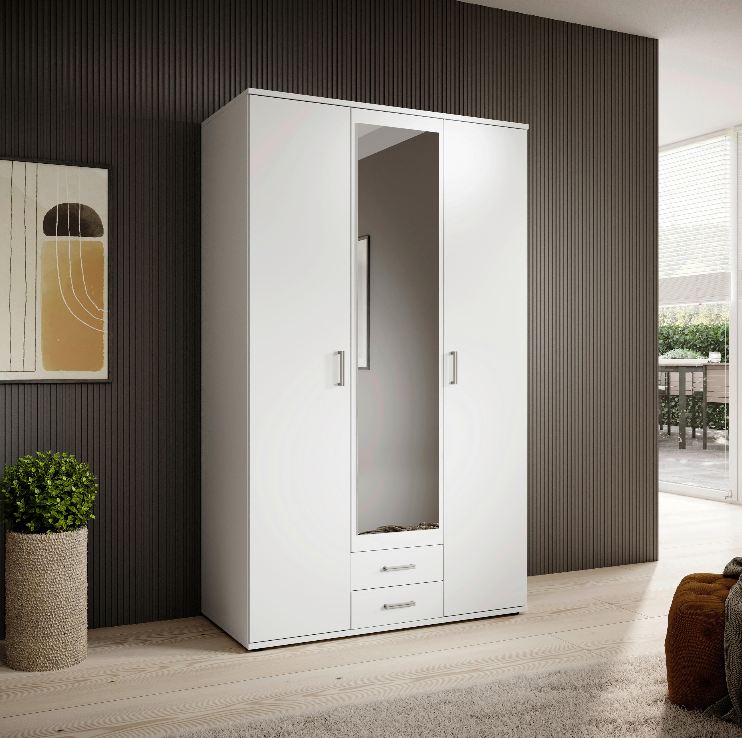 KLEIDERSCHRANK 120/196/53,5 cm 3-türig Weiß  - Alufarben/Weiß, KONVENTIONELL, Glas/Holzwerkstoff (120/196/53,5cm) - Boxxx