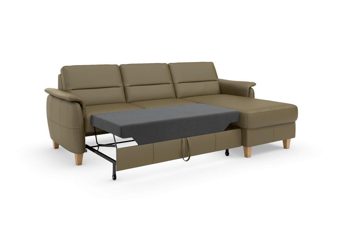 ECKSOFA PALMERA E Olivgrün Kombination Echtleder/Stoff Mikrofaser Bettkasten  - Eichefarben/Olivgrün, Basics, Leder/Holz (244/163cm) - Sit & More