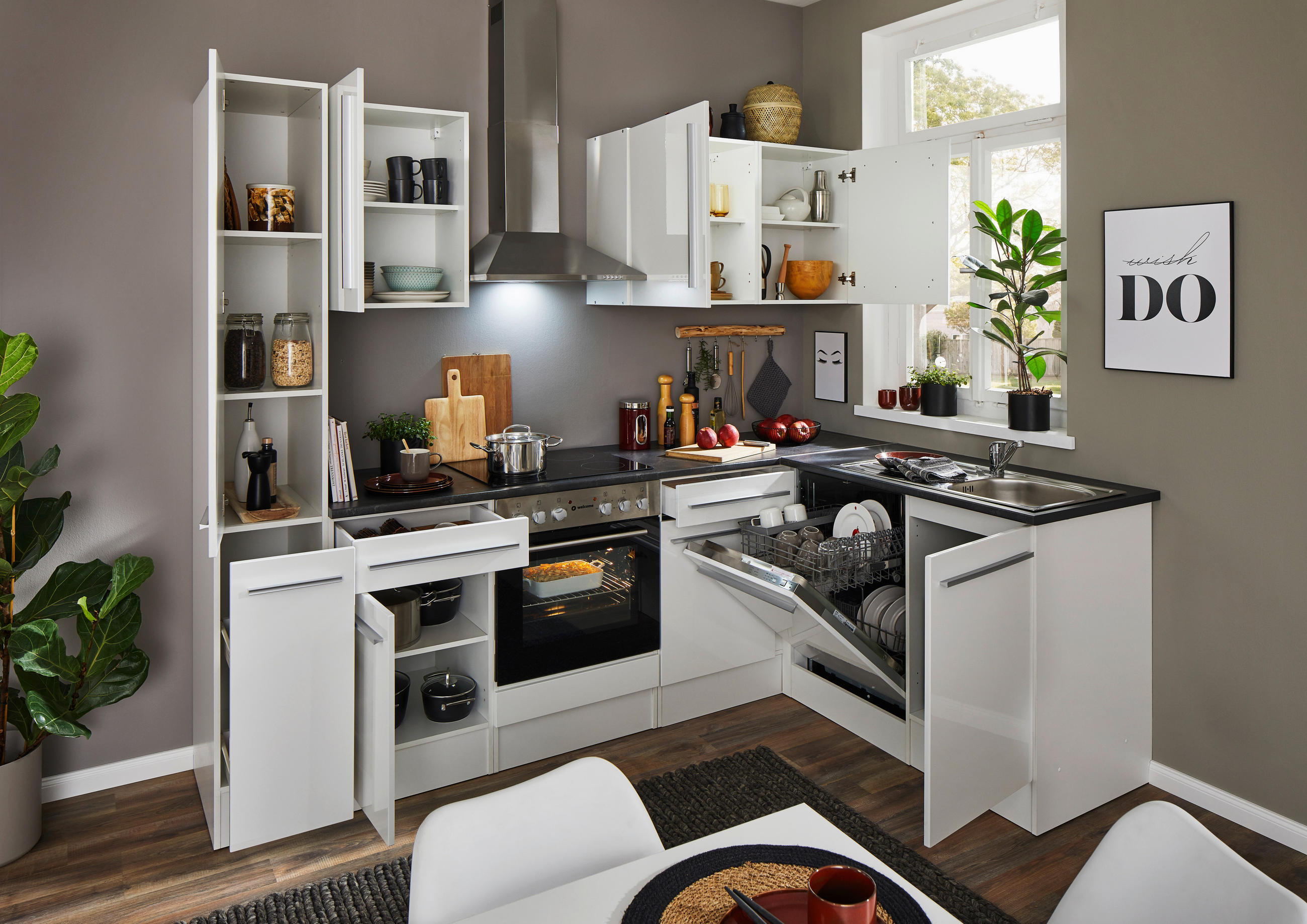 Thumbnail - Mid.you Eckküche, Weiß Hochglanz, Kunststoff, 2 Schublade(n) Schubladen, seitenverkehrt montierbar, einzeln stellbar, nu...