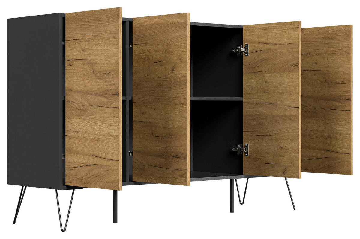 SIDEBOARD Posseik Industrial 155/93,6/42 cm  - Eichefarben/Graphitfarben, Design, Holzwerkstoff/Metall (155/93,6/42cm) - P & B