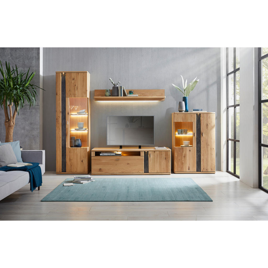 Thumbnail - Voleo Wohnwand Turego, Eiche, Metall, Eiche, furniert,furniert, massiv,massiv, 6 Fächer, 1 Schubladen, 327.4x208.6x50.2 ...