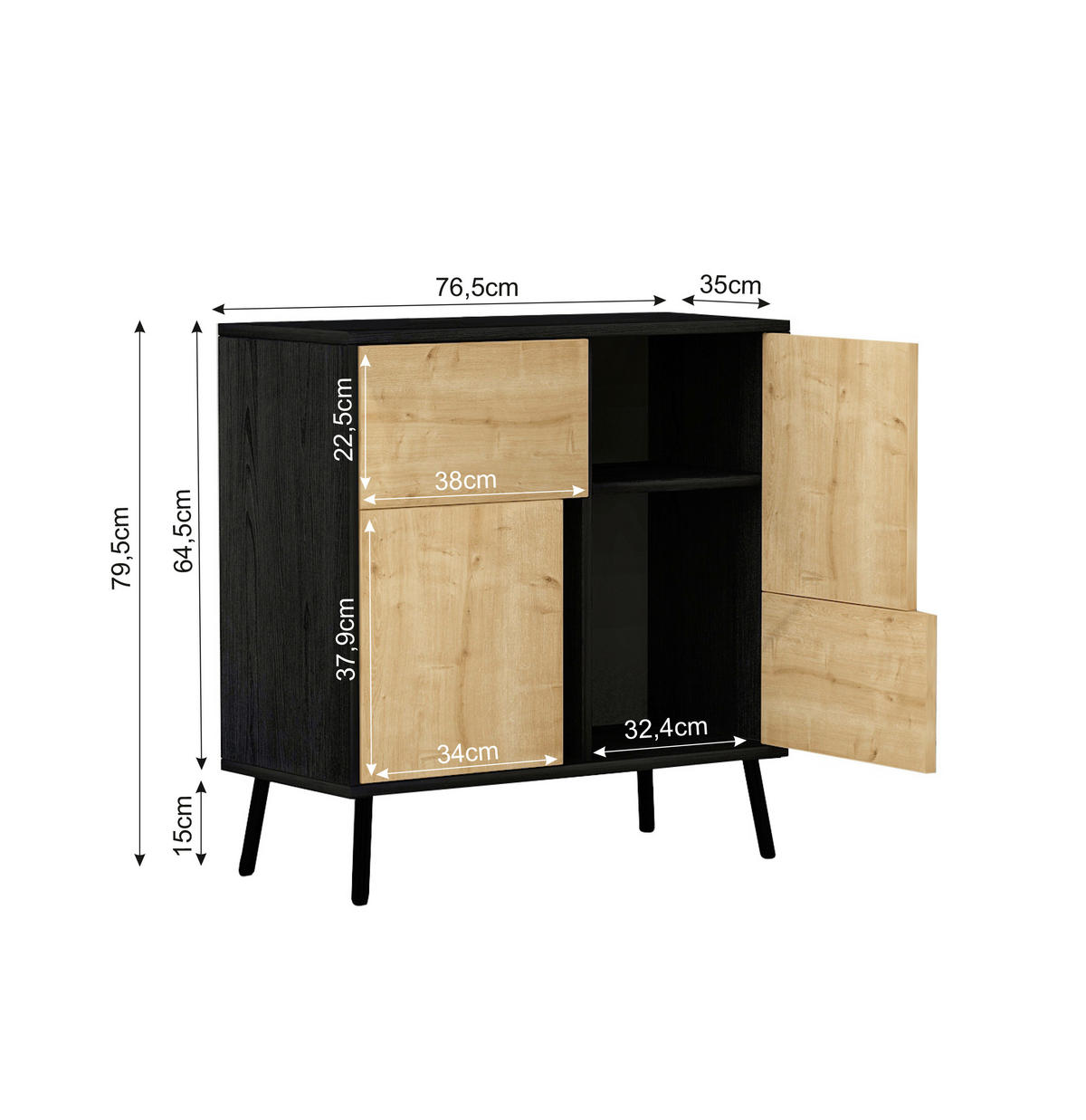 KOMMODE , 35/79/76,5 cm,  - Eichefarben/Schwarz, Design, Holz/Metall (35/79/76,5cm) - Livetastic