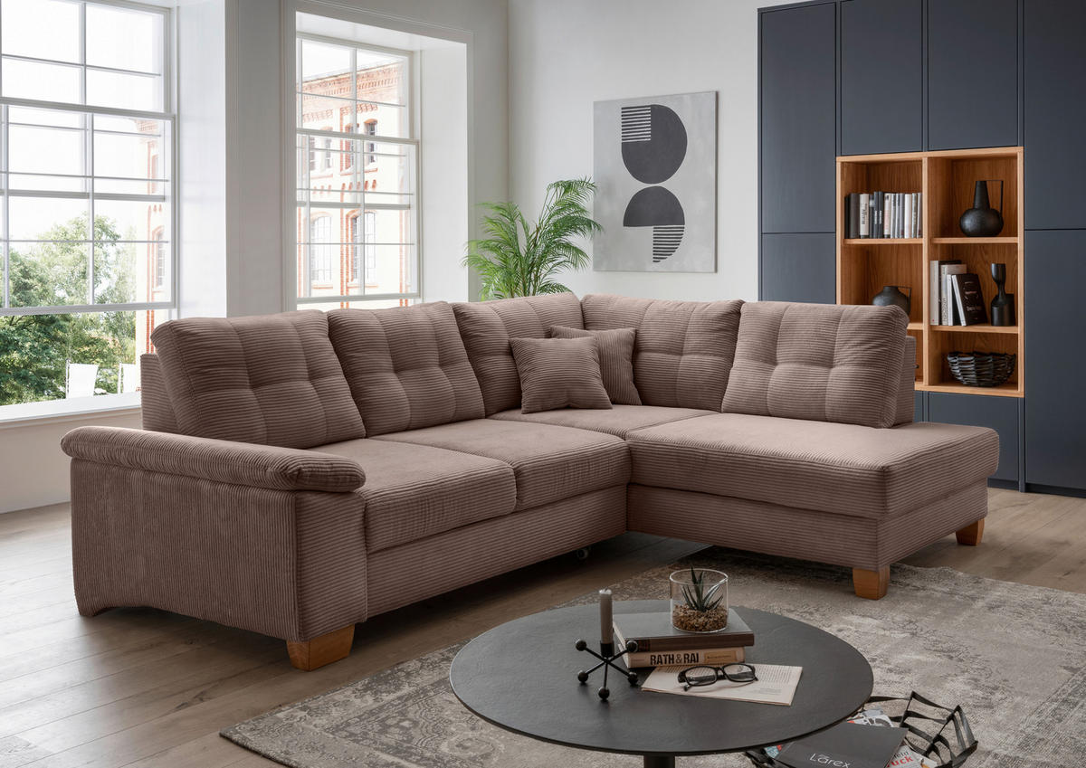 ECKSOFA in Cord Graubraun  - Graubraun/Naturfarben, Modern, Holz/Textil (274/206cm) - Livetastic