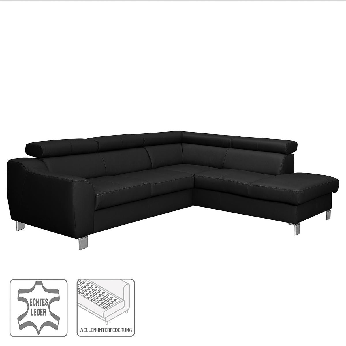 ECKSOFA Schwarz Echtleder Lederlook  - Chromfarben/Schwarz, Design, Leder/Textil (245/208cm) - Livetastic