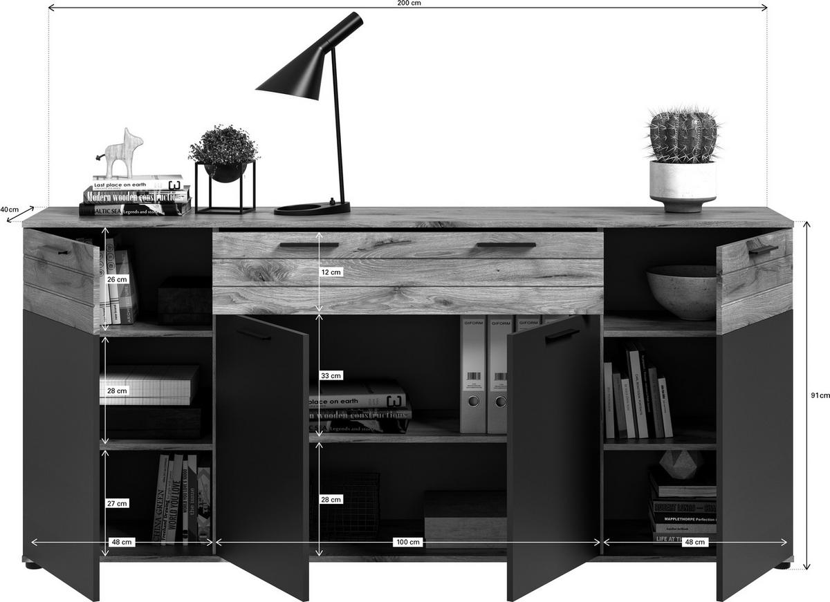 SIDEBOARD  in 200/91/40 cm  - Schwarz/Grau, KONVENTIONELL, Holzwerkstoff/Kunststoff (200/91/40cm) - MID.YOU