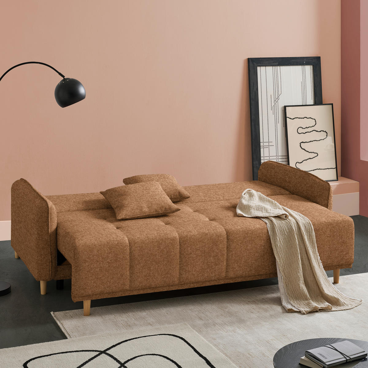SCHLAFSOFA Chenille Cognac  - Cognac/Buchefarben, Design, Holz/Textil (217/97/101cm) - Carryhome