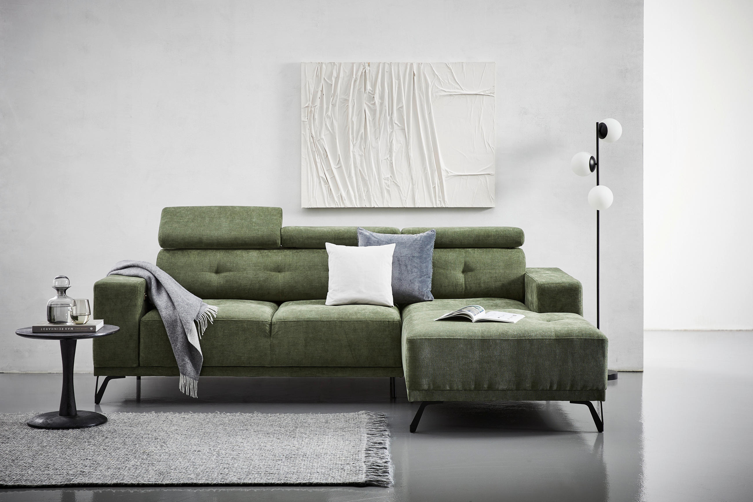 ECKSOFA Olivgrün Chenille  - Schwarz/Olivgrün, KONVENTIONELL, Textil/Metall (264/178cm) - Hom`in