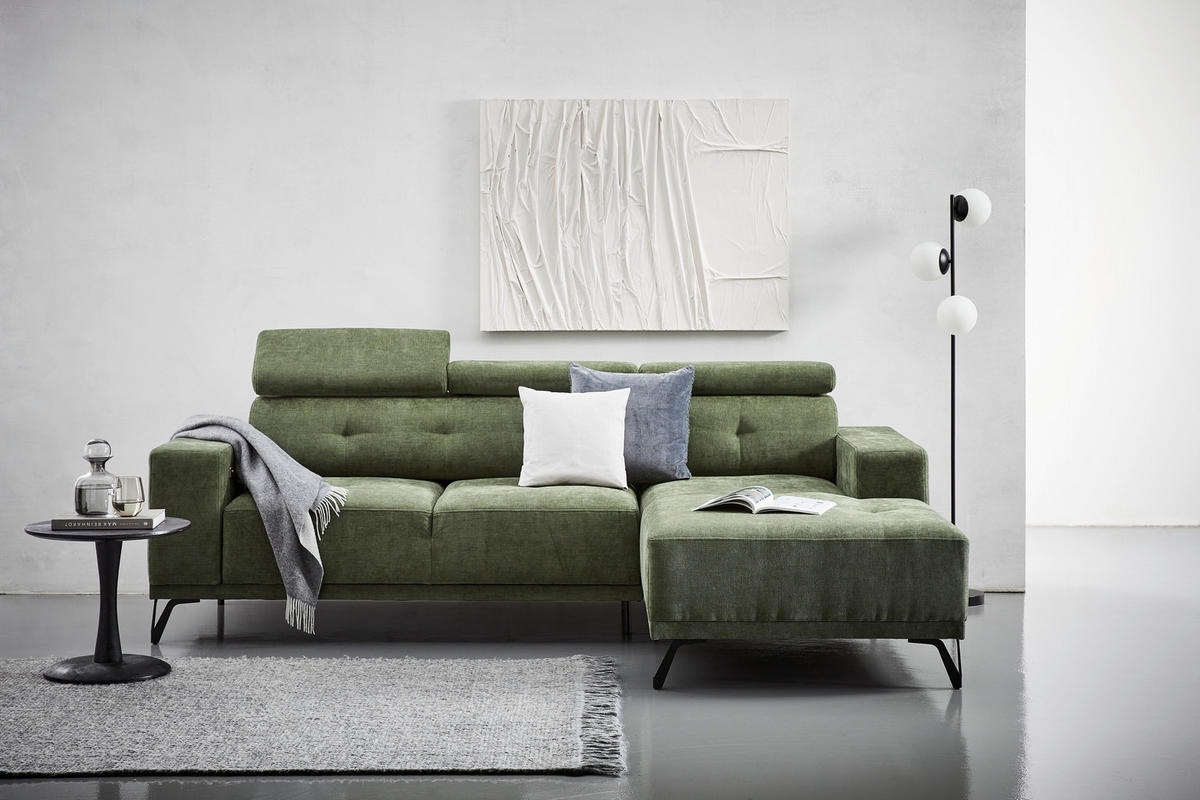 ECKSOFA Olivgrün Chenille  - Schwarz/Olivgrün, KONVENTIONELL, Textil/Metall (264/178cm) - Hom`in