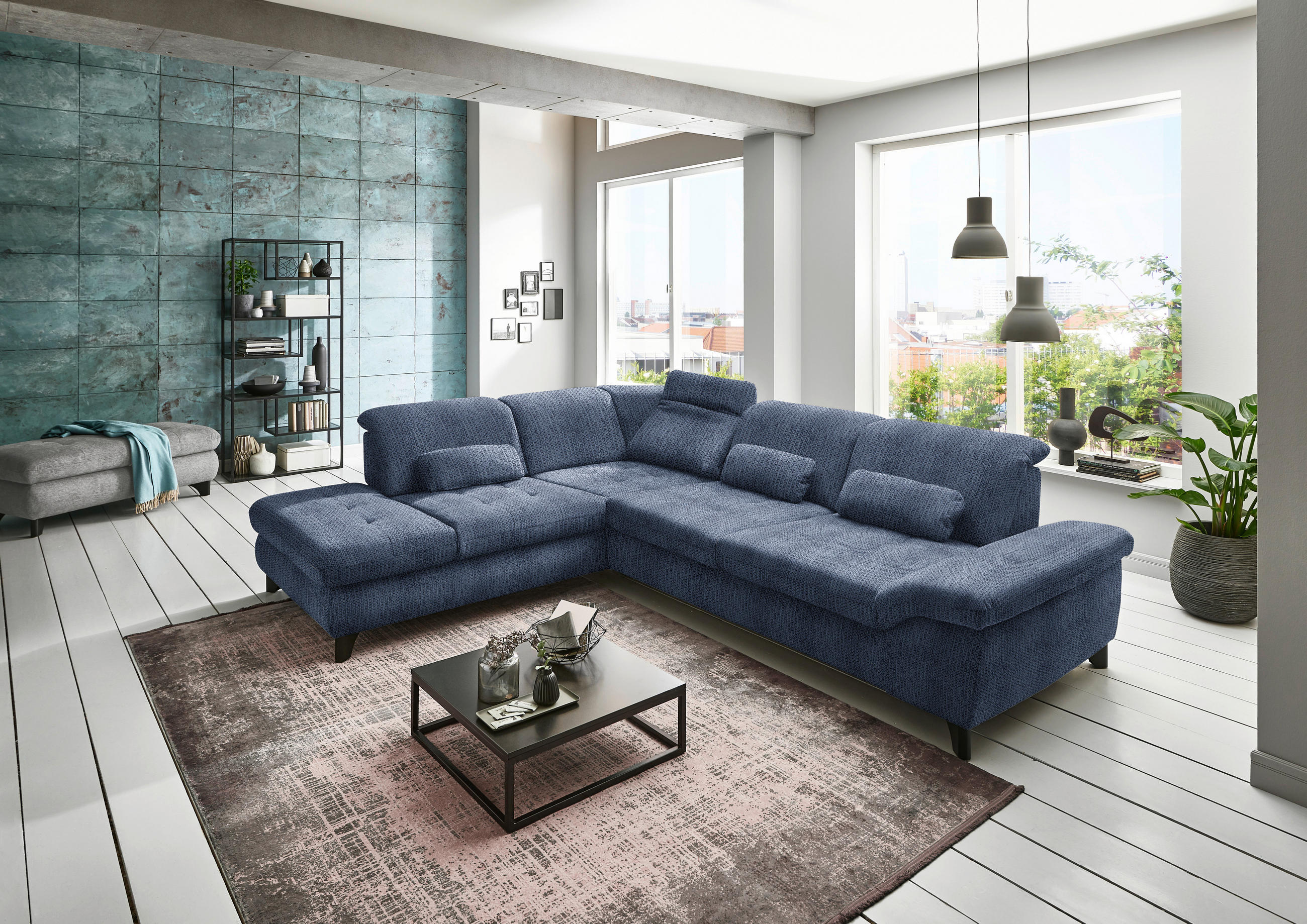 ECKSOFA in Webstoff Blau  - Blau/Alufarben, Design, Textil/Metall (260/319cm) - Beldomo Style