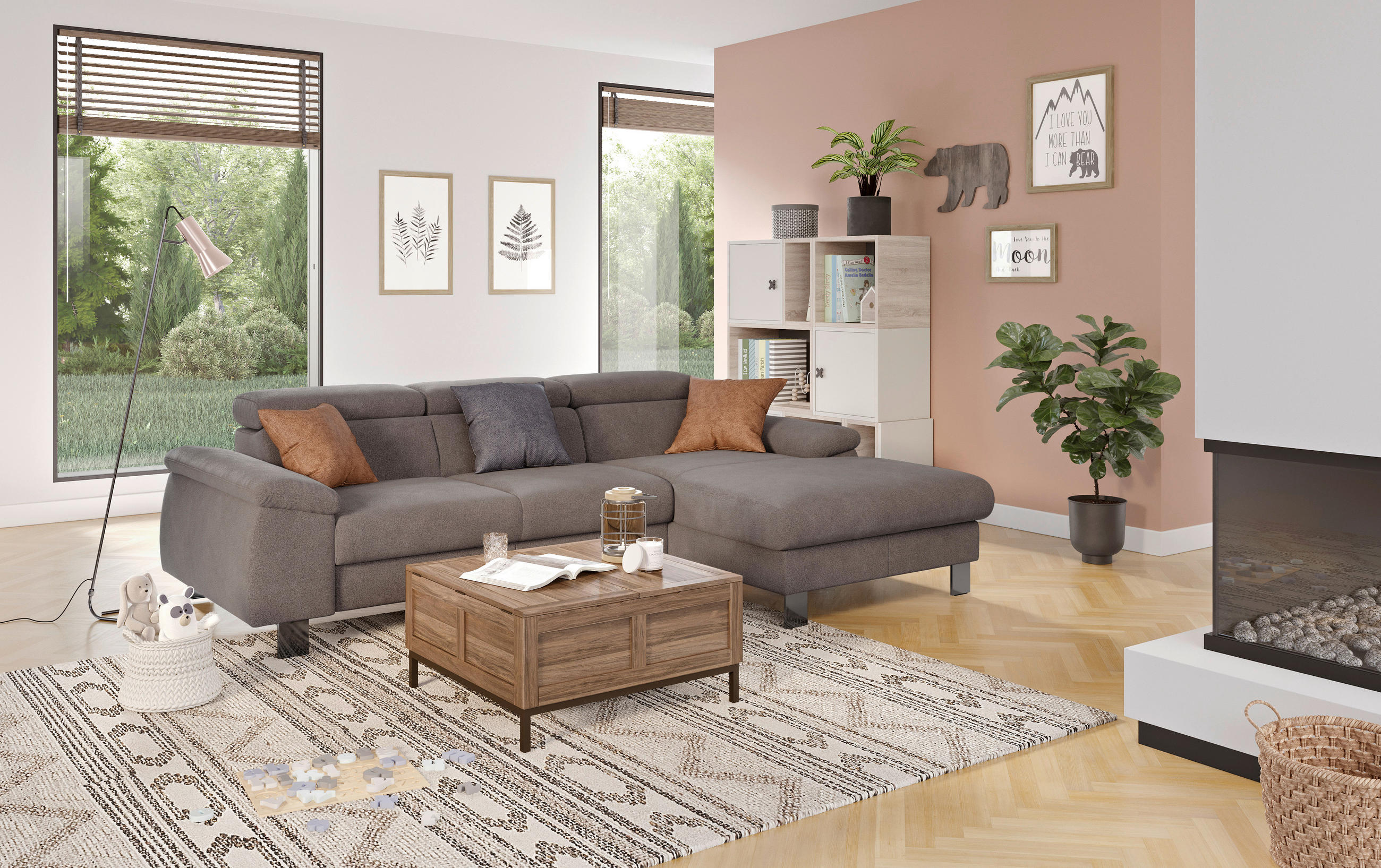 ECKSOFA in Flachgewebe Dunkelgrau  - Chromfarben/Dunkelgrau, Design, Textil/Metall (244/166cm) - Livetastic