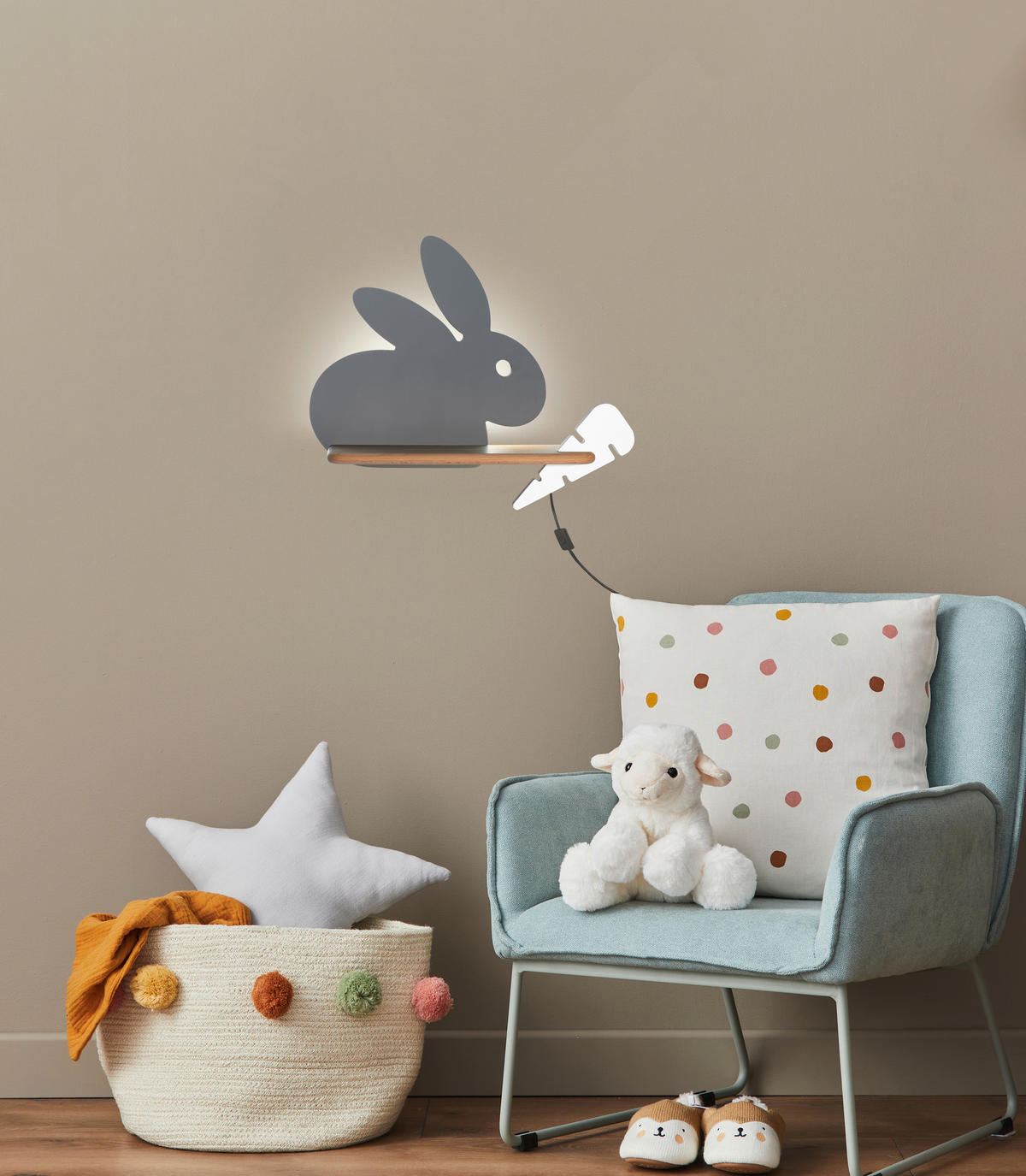 VÄGGLAMPA FÖR BARN Rabit 37/12/31 cm   - vit/grå, Basics, metall/trämaterial (37/12/31cm)