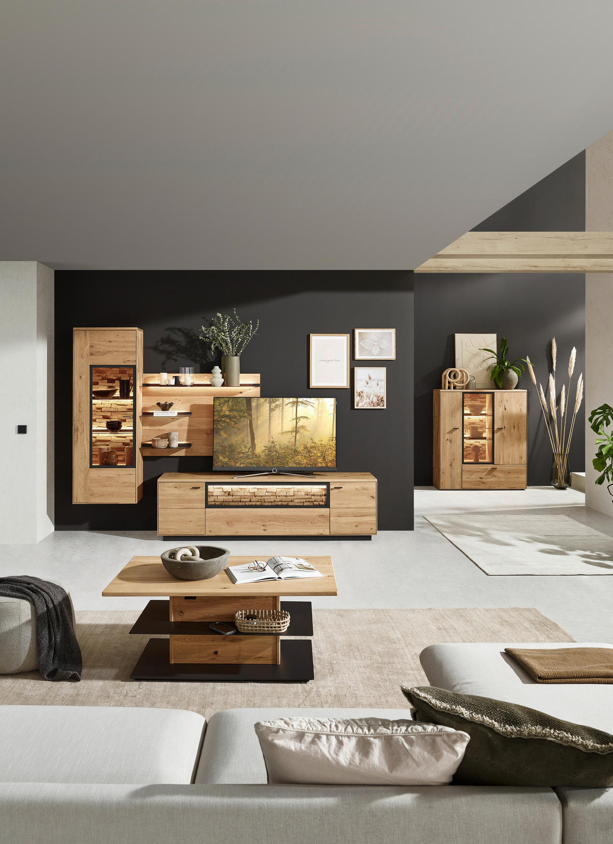 WOHNWAND  in Wildeiche 293,8/207,1/37,1 cm  - Wildeiche/Graphitfarben, Natur, Glas/Holz (293,8/207,1/37,1cm) - Valnatura
