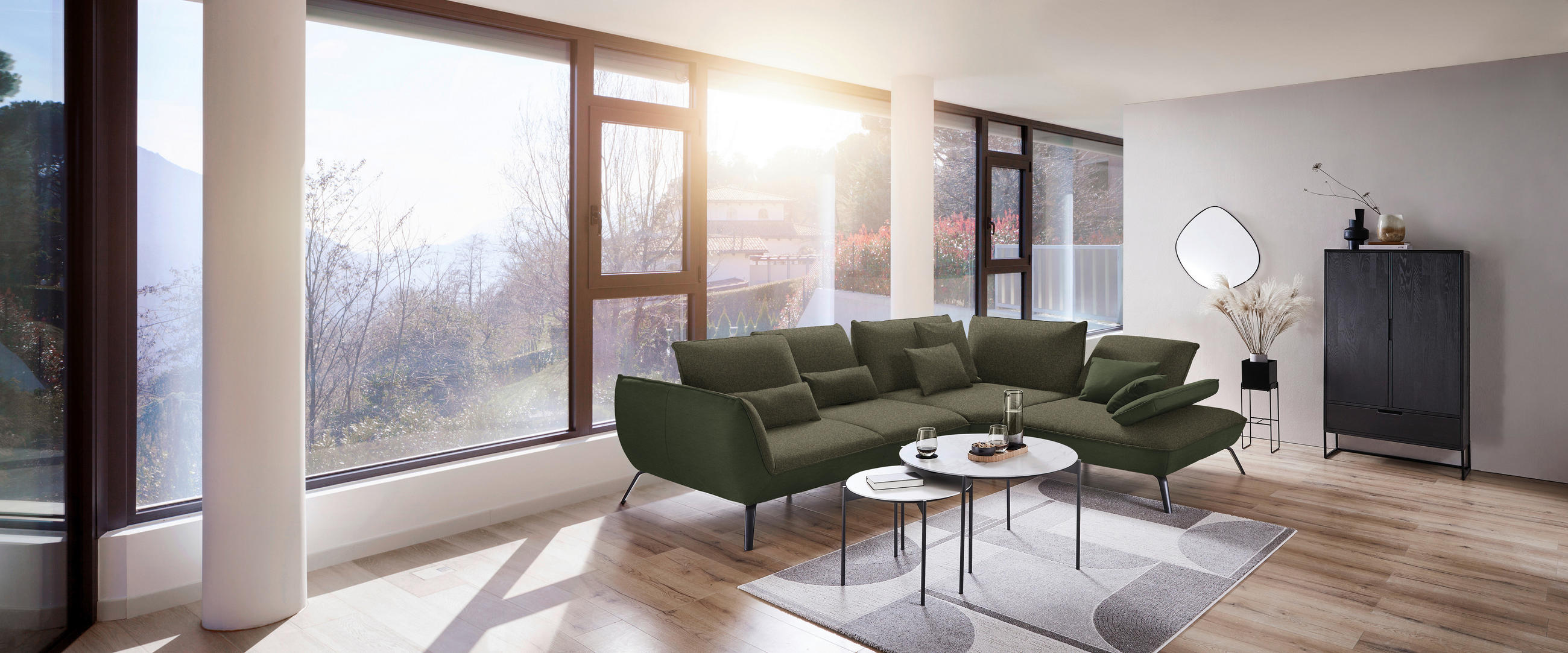 ECKSOFA in Flachgewebe Dunkelgrün  - Dunkelgrün/Schwarz, Design, Textil/Metall (310/250cm) - Moderano