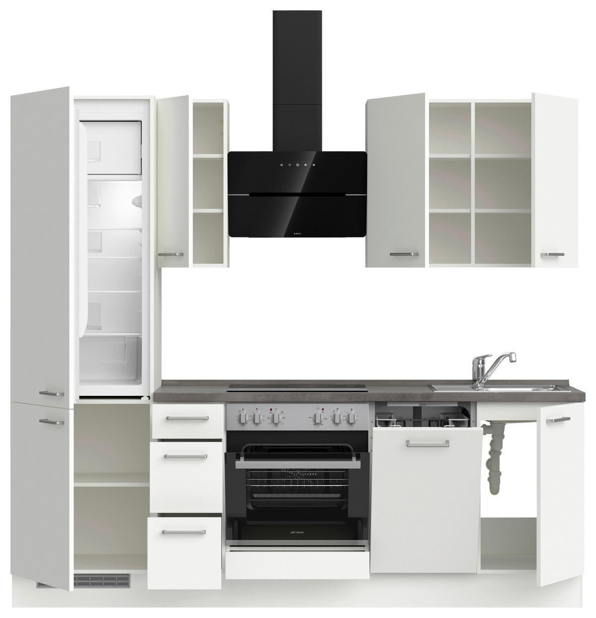 BUCĂTĂRIE FĂRĂ ELECTROCASNICE  - alb/culoare inox, Modern, metal/material pe bază de lemn (240cm) - Nobilia