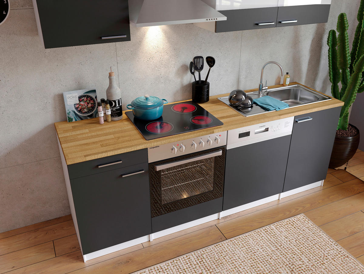 KÜCHENBLOCK 220 cm   in Grau  - Weiss/Edelstahlfarben, Basics, Holzwerkstoff/Metall (220cm) - Respekta