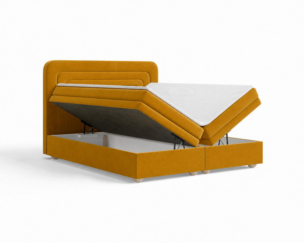 BOXBETT 140/200 cm,  in Currygelb, gepolstertes Kopfteil, Bettkasten, Topper, H2 + H3 = mittel + fest  - Currygelb, MODERN, Holz/Kunststoff (140/200cm) - Livetastic