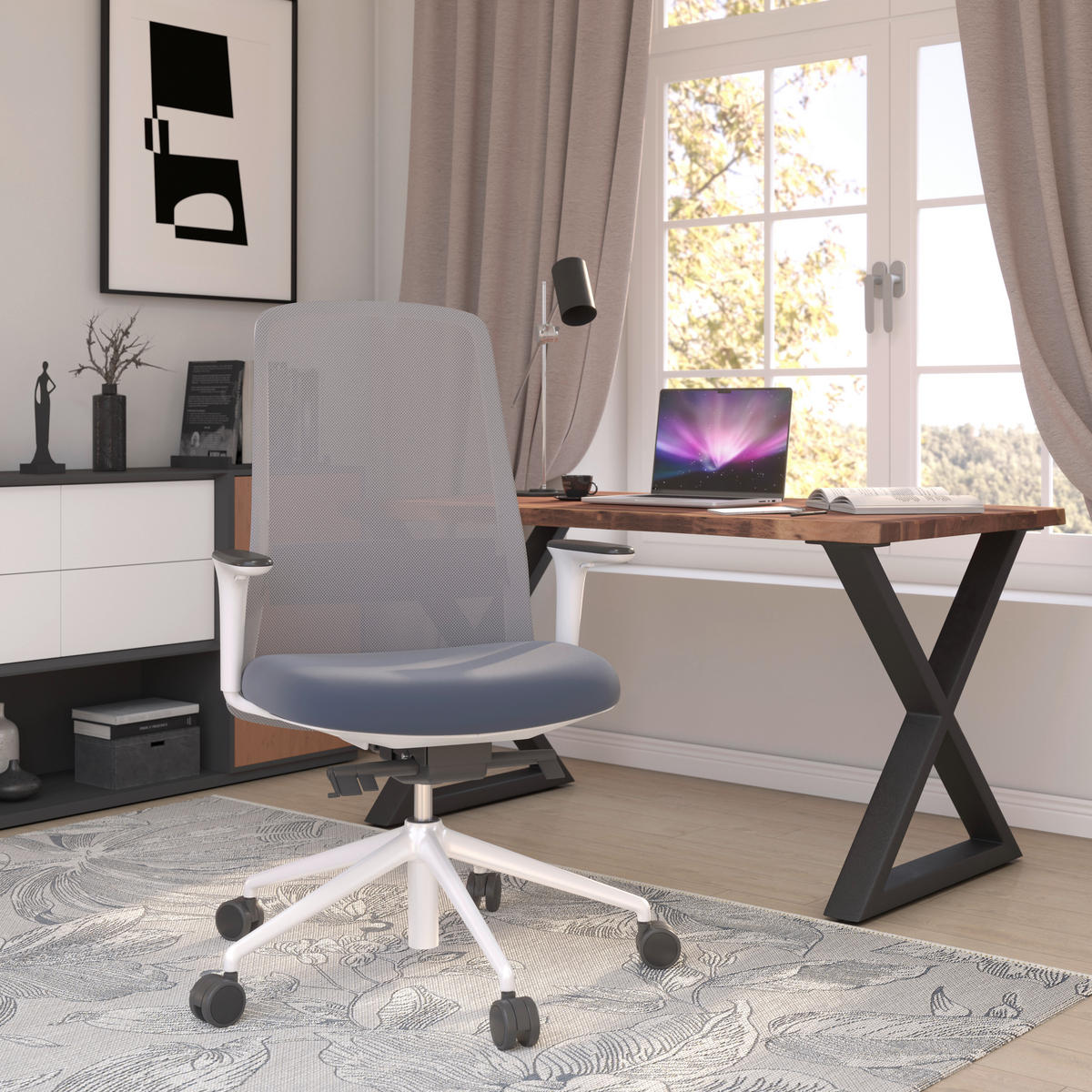 DREHSTUHL Lederlook Grau, Weiß, Dunkelblau  - Weiß/Dunkelblau, MODERN, Kunststoff/Textil (70/103-115/70cm)