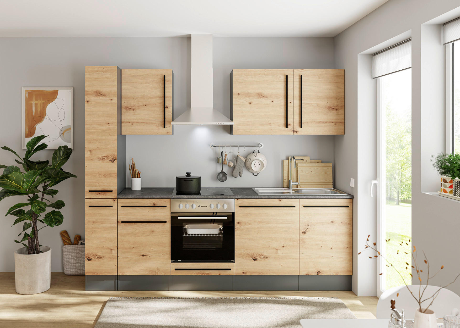 KÜCHENBLOCK  in Anthrazit, Eiche Artisan  - Anthrazit/Schwarz, LIFESTYLE, Holzwerkstoff/Kunststoff (250cm) - P & B