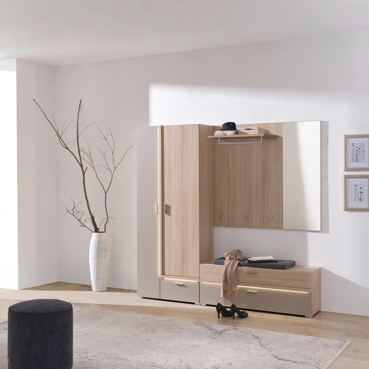 GARDEROBE 3-teilig  in 198/194/38 cm  - Eiche Bianco/Grau, Design, Glas/Holzwerkstoff (198/194/38cm) - Voleo