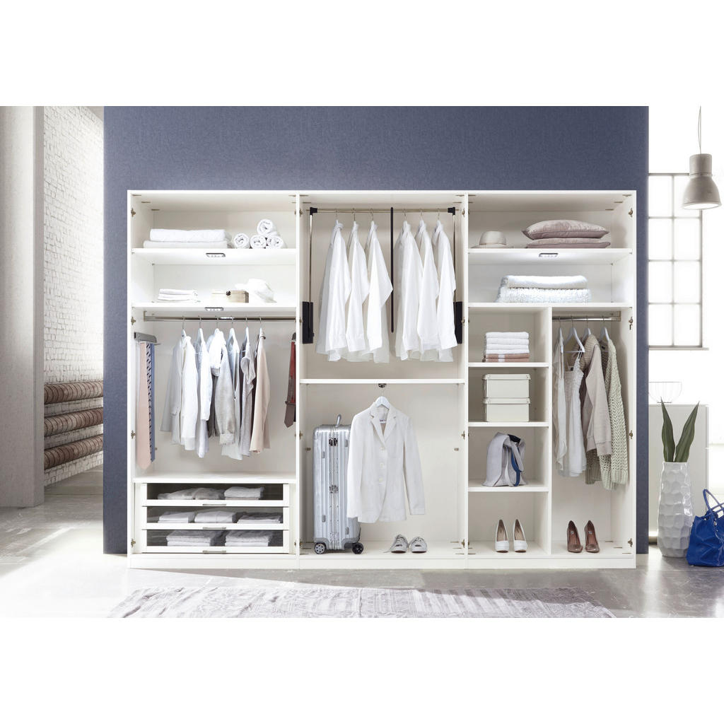 Thumbnail - Valdera Drehtürenschrank, Weiß, Eiche, Metall, Balkeneiche, furniert, 6 Fächer, 299x222x62 cm, Goldenes M, Made in Germa...