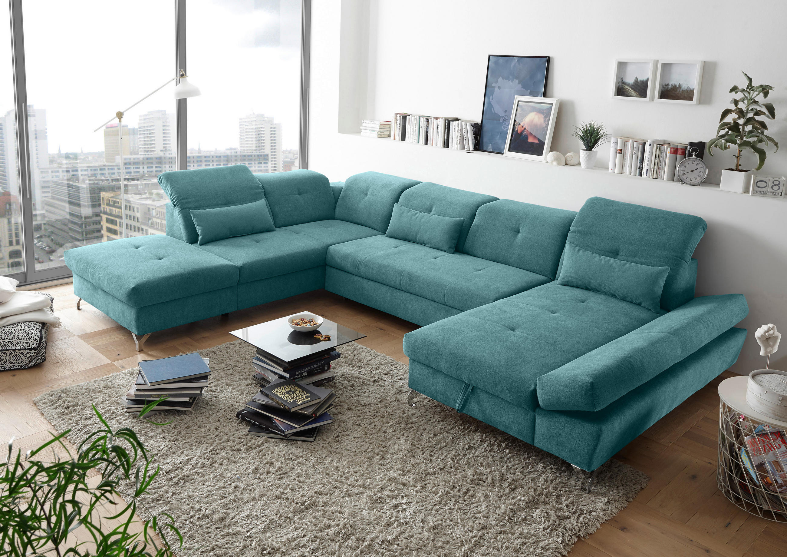 WOHNLANDSCHAFT Türkis Mikrovelours  - Türkis/Silberfarben, MODERN, Textil/Metall (245/350/168cm) - MID.YOU