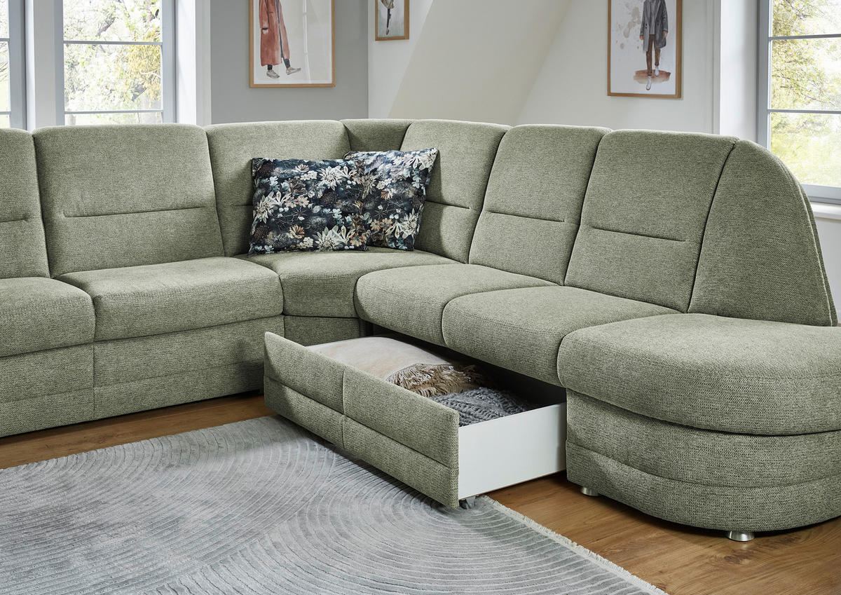 ECKSOFA  in Makramee Grün  - Alufarben/Grün, KONVENTIONELL, Textil/Metall (253/273cm) - Beldomo Comfort