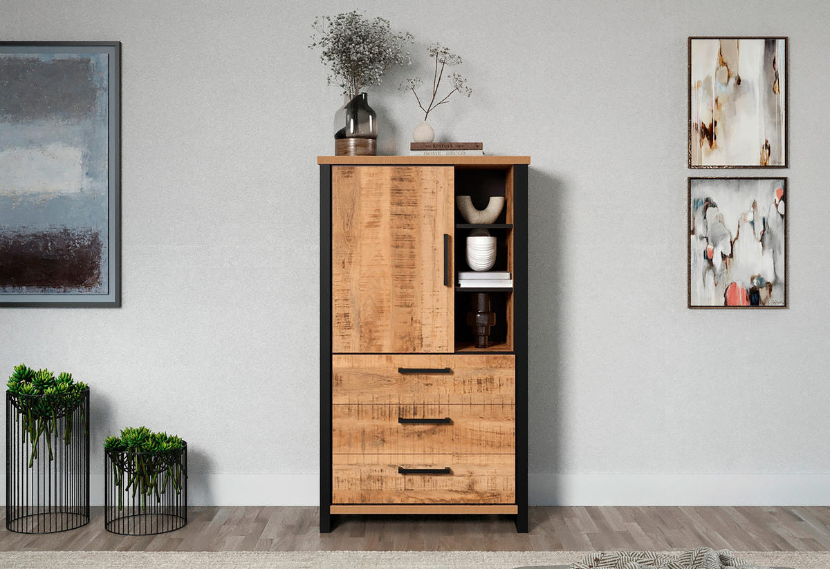 MEHRZWECKSCHRANK 87/155/45 cm  in Naturfarben, Schwarz  - Schwarz/Braun, Basics, Holzwerkstoff/Metall (87/155/45cm) - MID.YOU