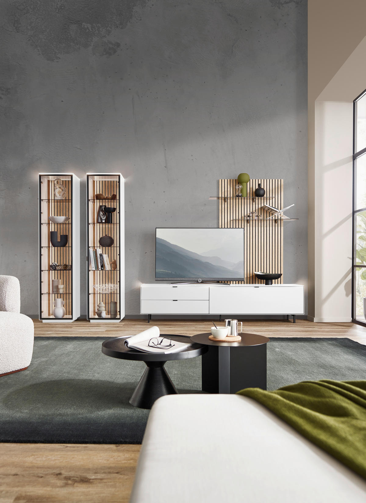 VITRINE Anthrazit, Weiss, Eichefarben  45,8/198,6/40 cm  - Weiss/Eichefarben, Design, Glas/Holz (45,8/198,6/40cm) - Dieter Knoll