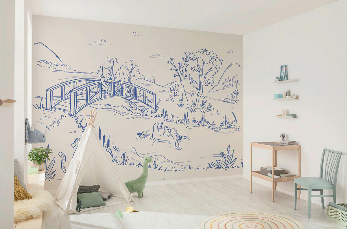 FOTOTAPETE WINNIE THE POOH BLUE INK  - Beige, Design, Textil (350/250cm) - Disney