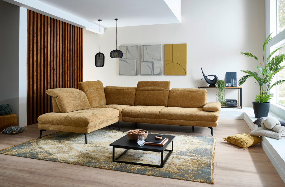 ECKSOFA Beldomo System Dunkelgelb Chenille Rücken echt, Kopfteilverstellung  - Dunkelgelb/Schwarz, Design, Textil/Metall (235/311cm) - Beldomo System