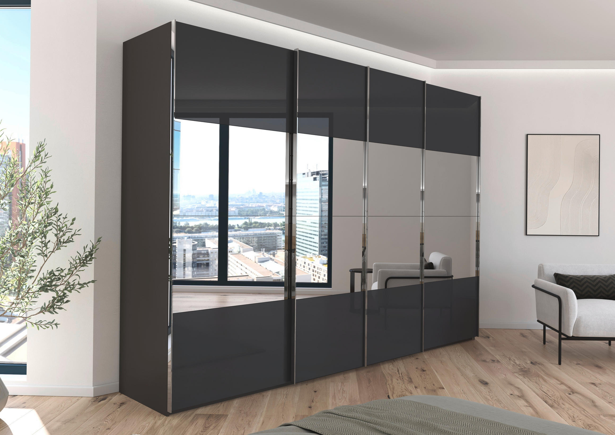SCHWEBETÜRENSCHRANK 316/223/68 cm 4-türig Graphitfarben, Schwarz  - Chromfarben/Graphitfarben, Design, Glas/Holzwerkstoff (316/223/68cm) - Novel