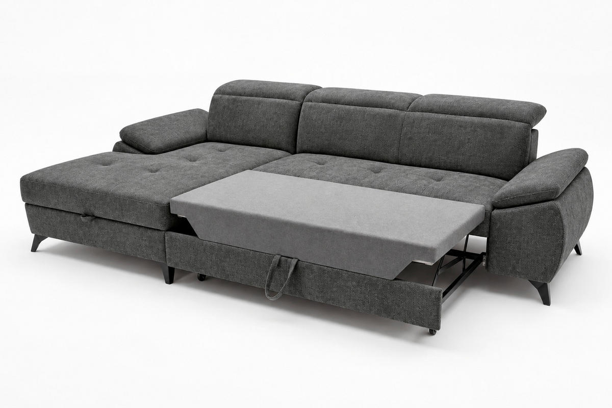 ECKSOFA TAOS Dunkelgrau Struktur Bettkasten, Rücken echt, Kopfteilverstellung, Stauraum  - Dunkelgrau/Schwarz, Basics, Holz/Textil (281/166cm) - MID.YOU