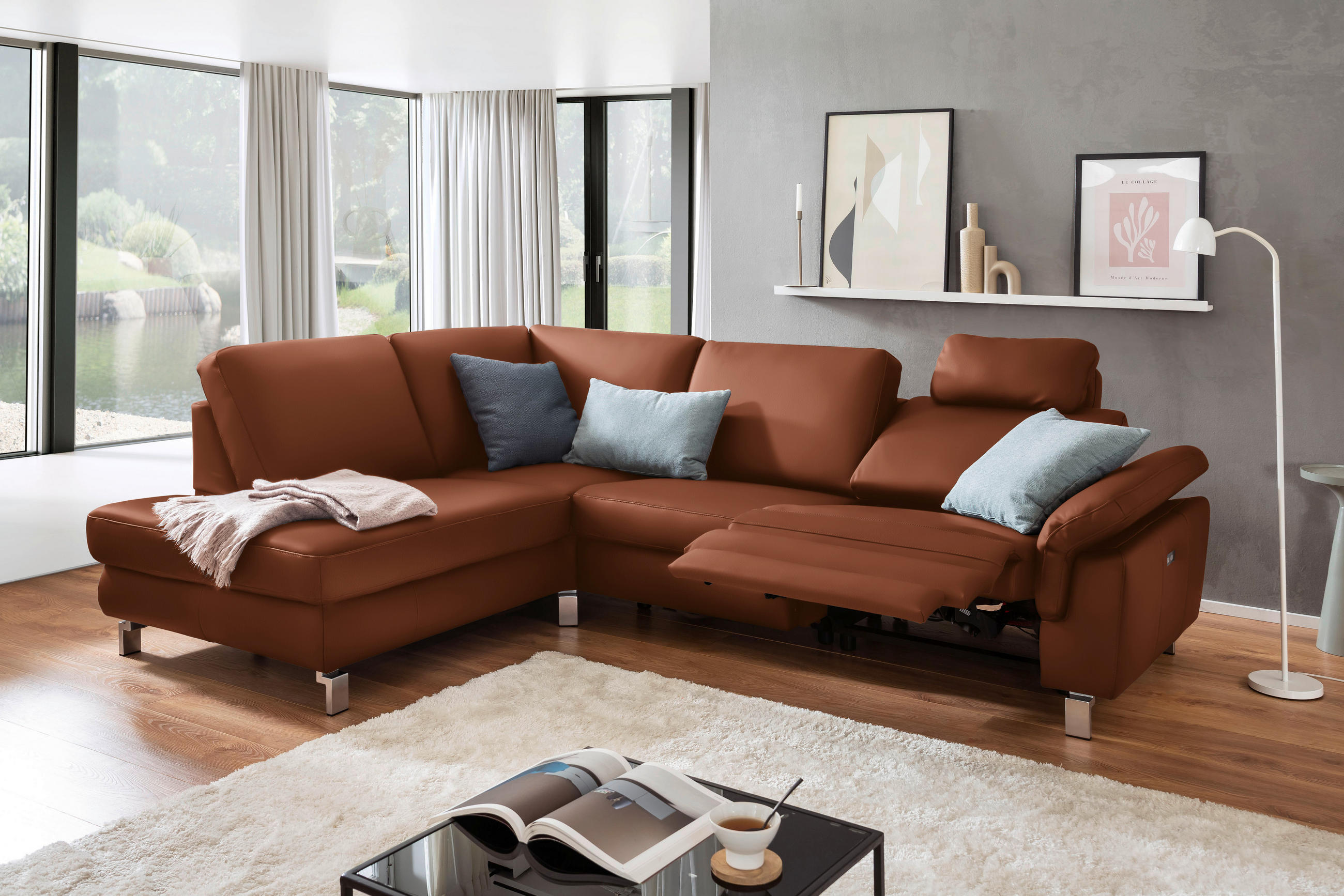 ECKSOFA in Echtleder Braun  - Chromfarben/Braun, Design, Leder/Metall (200/271cm) - Pure Home Lifestyle