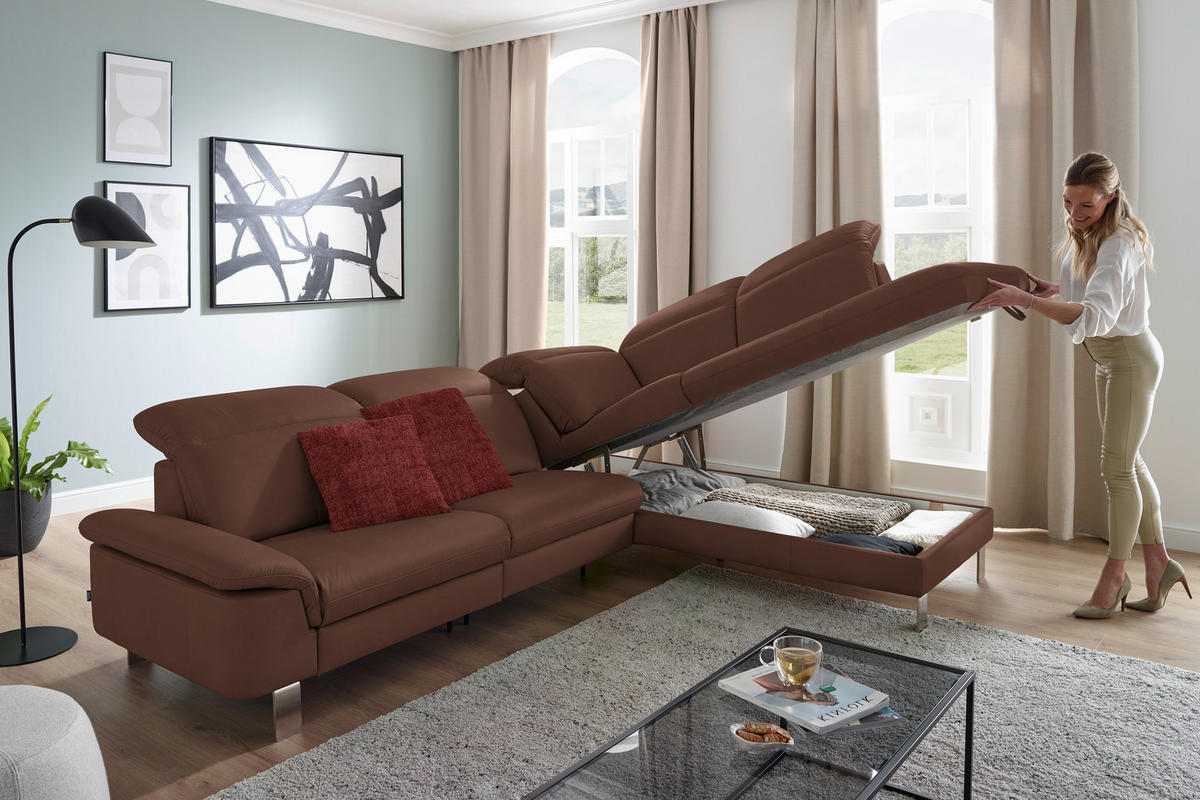 ECKSOFA in Echtleder Braun  309/233 cm  - Edelstahlfarben/Braun, Design, Leder/Metall (309/233cm) - Dieter Knoll