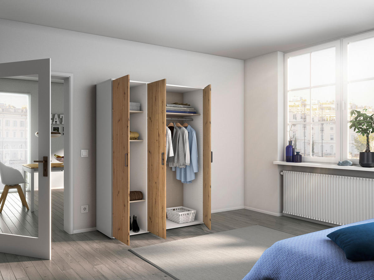 DREHTÜRENSCHRANK 140/194/53 cm 3-türig Weiß, Eiche Artisan  - Eiche Artisan/Weiß, MODERN, Holzwerkstoff/Kunststoff (140/194/53cm) - Rauch Möbel