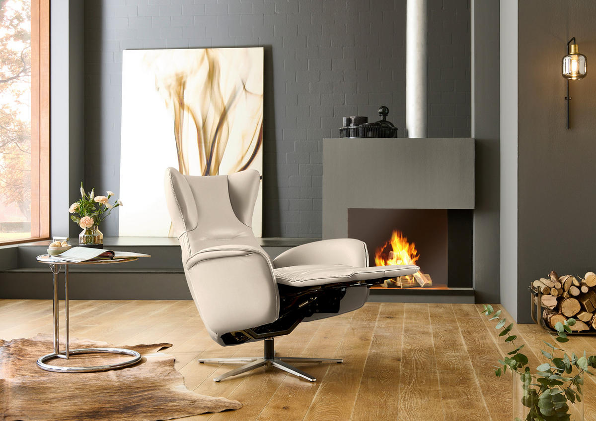 RELAXSESSEL Leder Ecru  - Ecru/Schwarz, Design, Leder/Metall (75/106/86cm) - Valdera