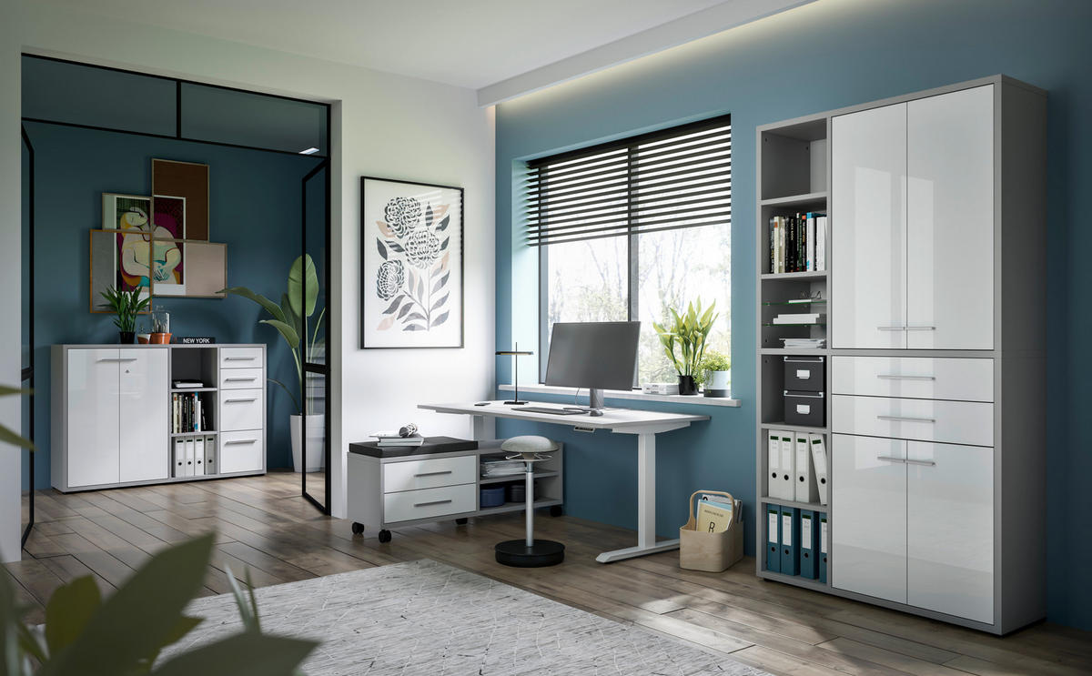 ROLLCONTAINER Weiß, Hellgrau  - Hellgrau/Alufarben, MODERN, Glas/Holzwerkstoff (133/52,3/40cm)