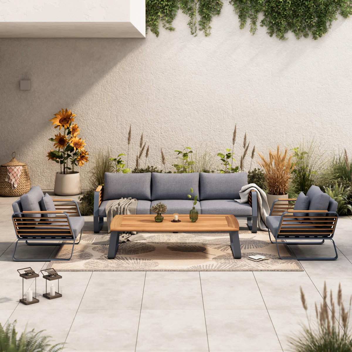 LOUNGEGARNITUR Teakholz Aluminium  - Dunkelgrau, MODERN, Holz/Metall - Ambia Garden