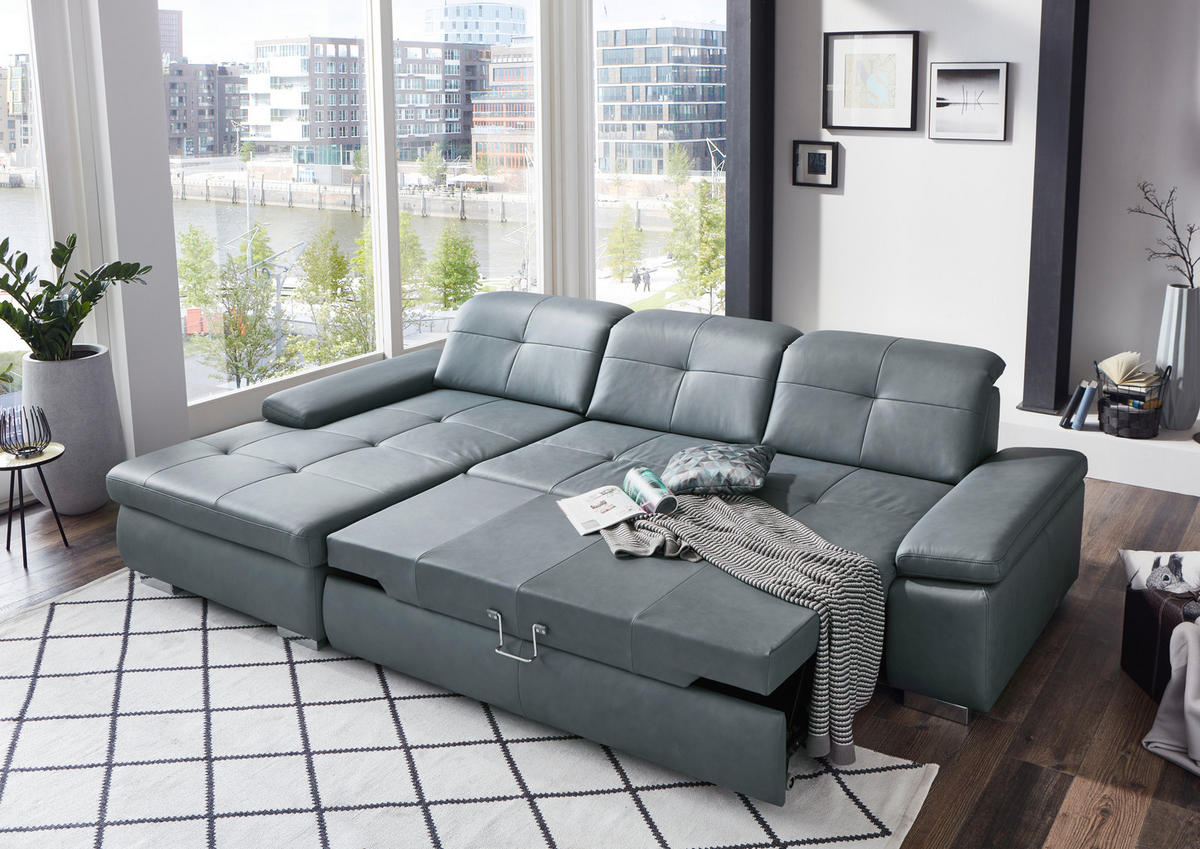 ECKSOFA in Echtleder Beige  - Beige/Alufarben, Design, Leder/Metall (195/309cm) - Beldomo Premium